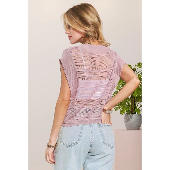 ADORA Front Drawstring Detail V-Neck Drop Shoulder Crochet Pattern Top | Pink - Picture 3 of 5